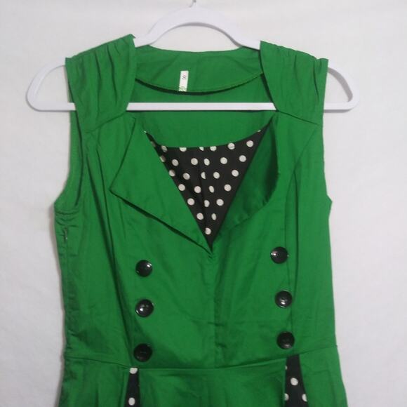 Vintage Retro 50s Rockabilly Green Sleeveless Polka Dot Flare Dress Size Small - Picture 2 of 7